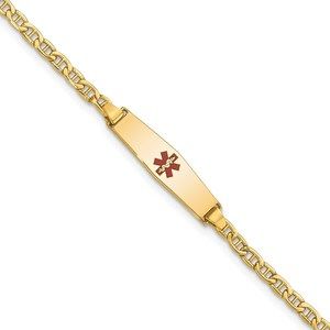 14k Gold Medical Semi-Solid Soft Diamond Shape Red Enamel Anchor ID Bracelet, 7"
